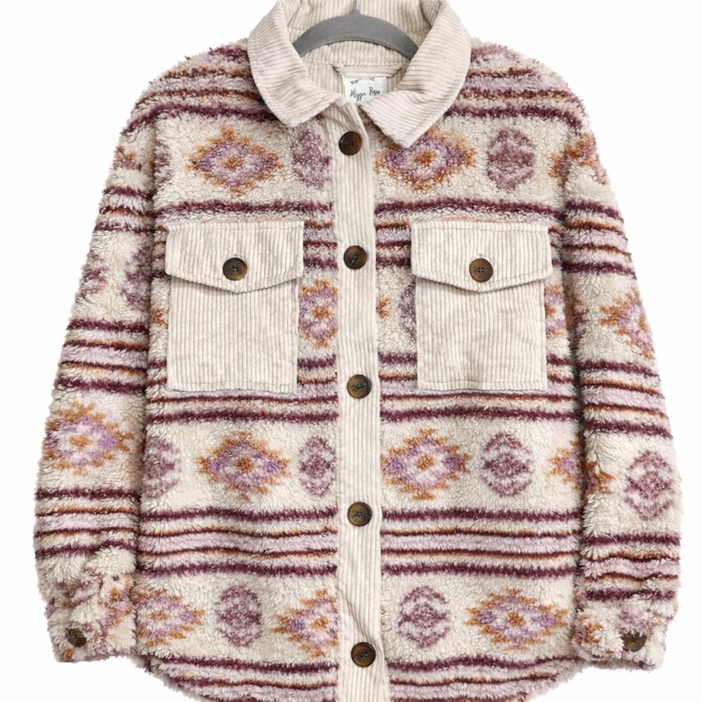 Hippie Rose Sherpa Shacket Aztec Print Faux Fur Corduroy Trim Size M
